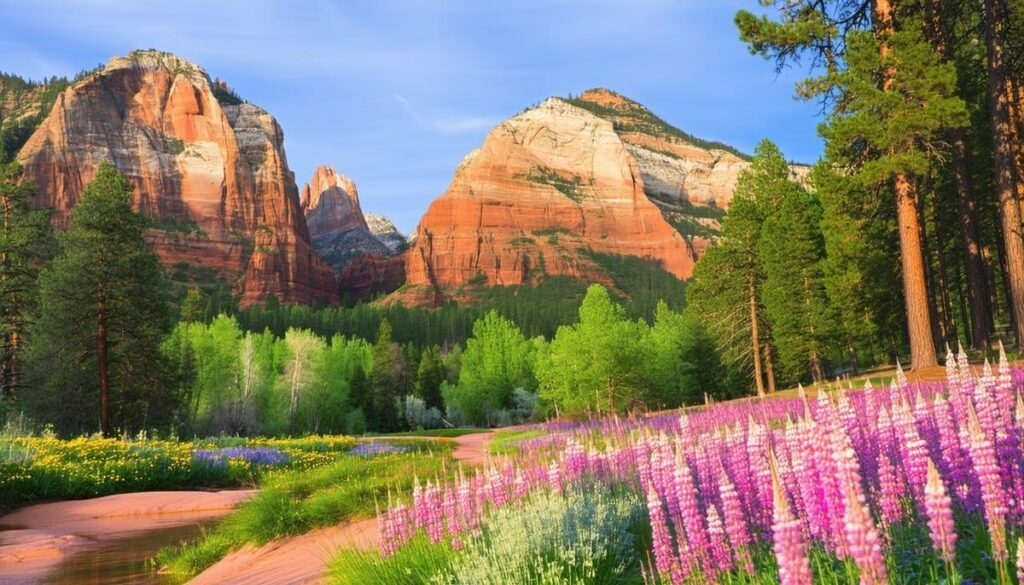 Spring wildflowers blooming in National Park, Utah, with towering red sandstone cliffs.