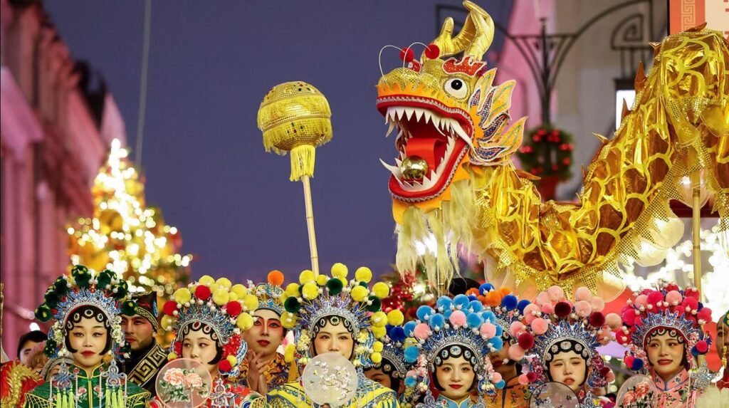 Chinese New Year celebration with lanterns and dragon dance