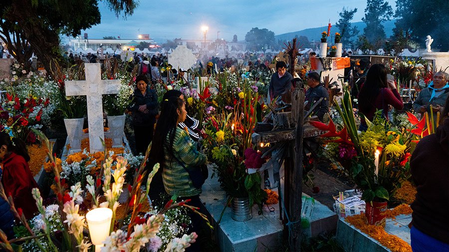 Day of the Dead celebration with colorful skull decorations in Mexico