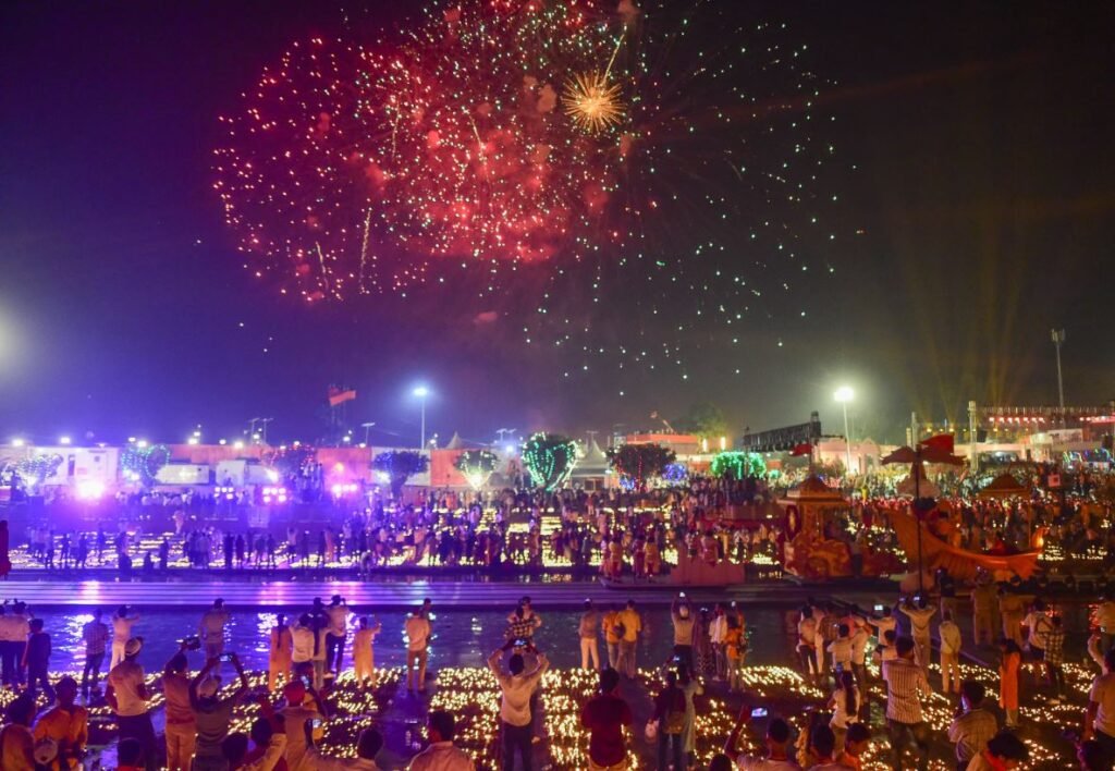 Diwali Festival of Lights celebration with diyas and fireworks