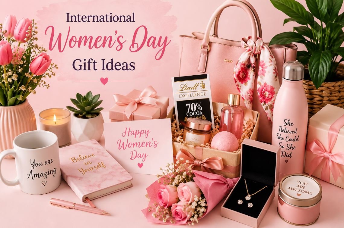 International Women's Day gift ideas featuring personalized gifts, flowers, chocolates, skincare products, handbags, and wellness hampers