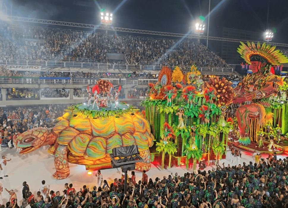 Colorful Rio Carnival parade with samba dancers in Brazil